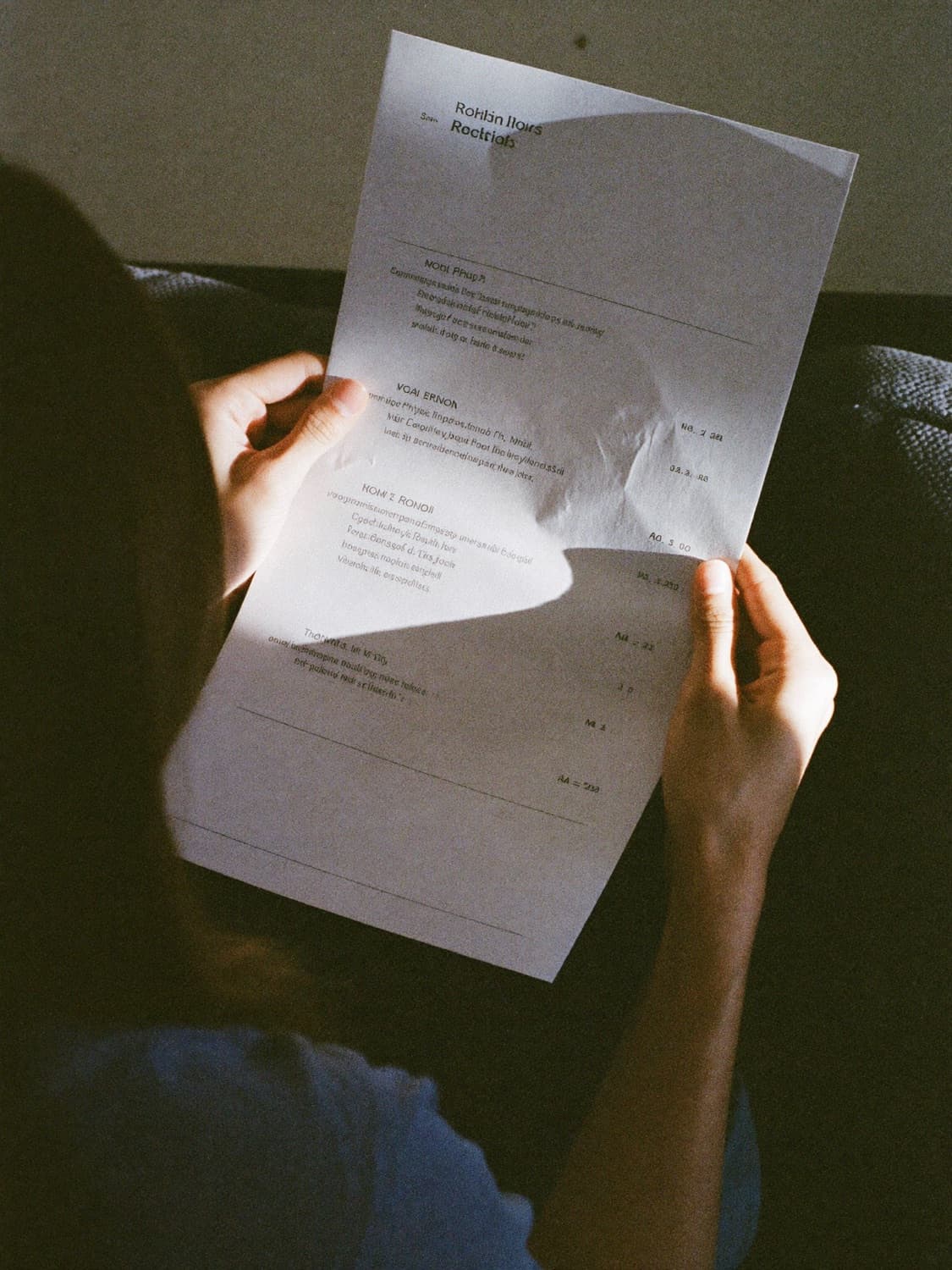 Hands holding a printed CV with pencil notes in the margins